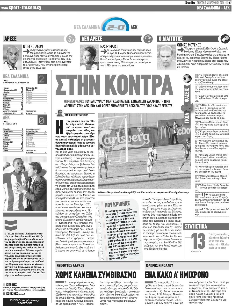 5 ΑΕΚ ΓΚΟΛ: 1-1: Καταλά (26 ) 35 Εσκαλόνα 7 3 Μεγκρελασβίλι 5 7 Κάστρο 5 11 Παύλου 4.5 13 Τομάς 5 16 Μάτσι (59 ) 4 18 Μουρίγο (26 ) 6 19 Μυτίδης 5.5 22 Λόπεζ 5 28 Ζαΐντ 4.