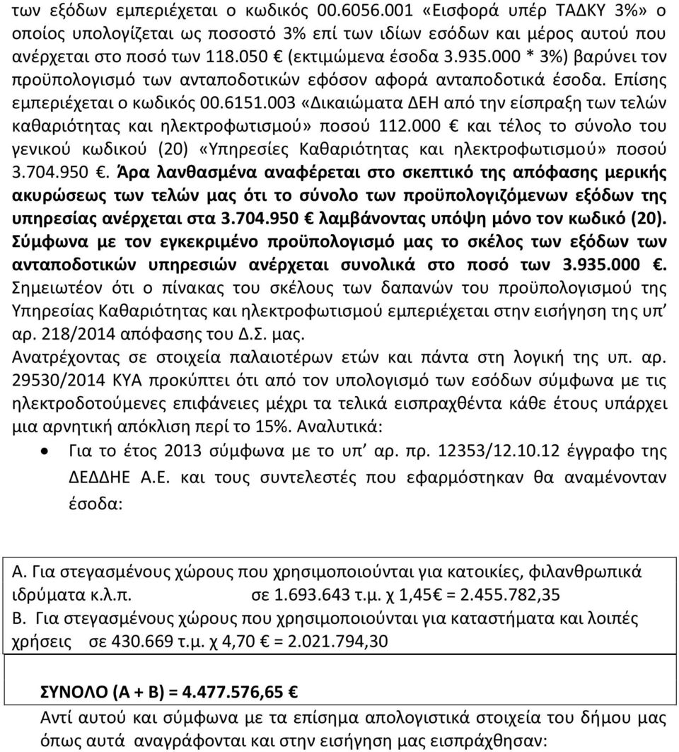 003 «Δικαιώματα ΔΕΗ από την είσπραξη των τελών καθαριότητας και ηλεκτροφωτισμού» ποσού 112.000 και τέλος το σύνολο του γενικού κωδικού (20) «Υπηρεσίες Καθαριότητας και ηλεκτροφωτισμο ύ» ποσού 3.704.