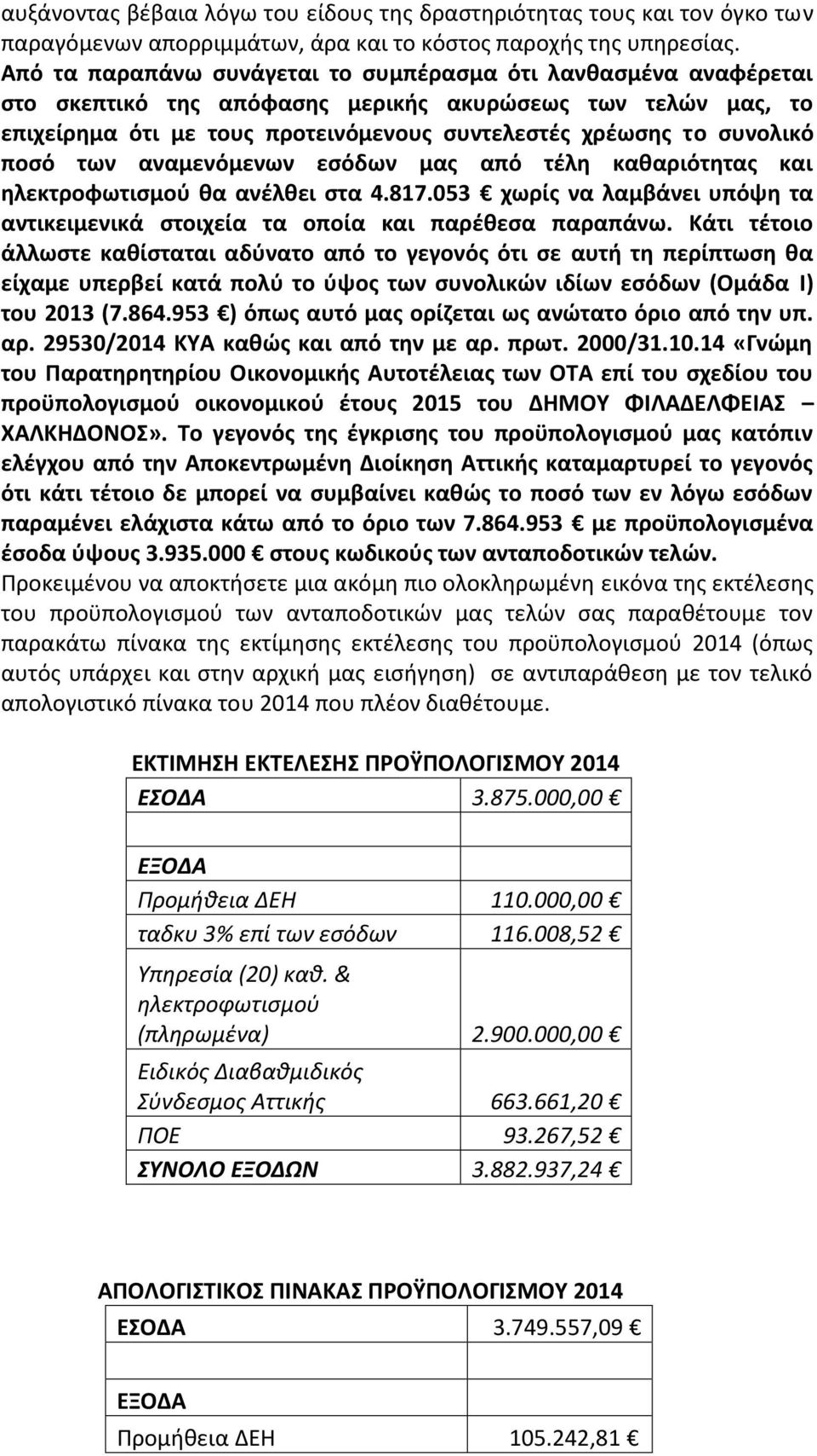 ποσό των αναμενόμενων εσόδων μας από τέλη καθαριότητας και ηλεκτροφωτισμού θα ανέλθει στα 4.817.053 χωρίς να λαμβάνει υπόψη τα αντικειμενικά στοιχεία τα οποία και παρέθεσα παραπάνω.