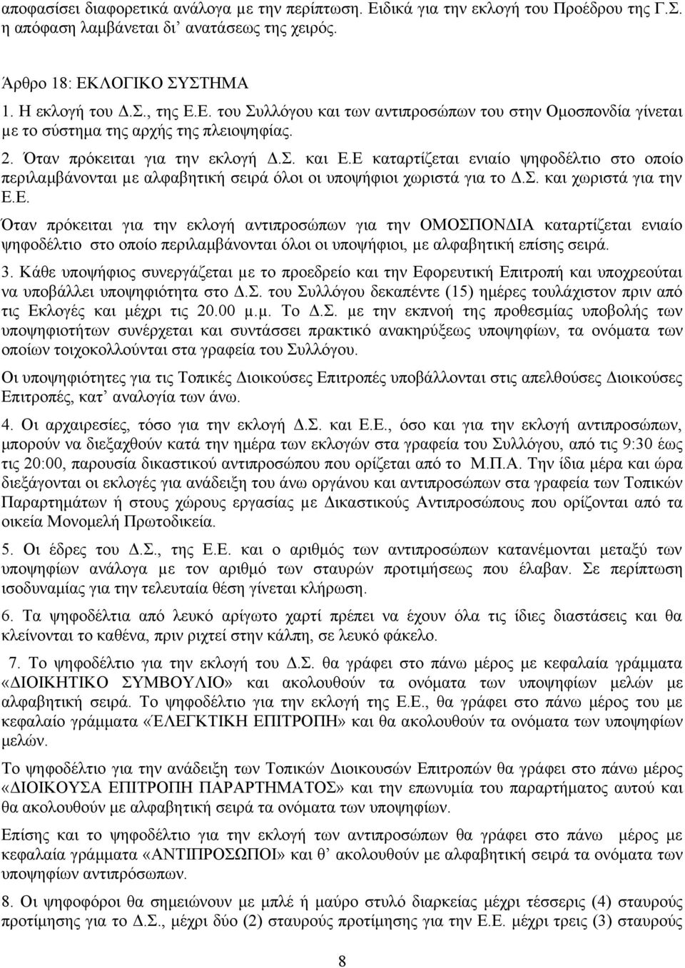 Ε καταρτίζεται ενιαίο ψηφοδέλτιο στο οποίο περιλαμβάνονται µε αλφαβητική σειρά όλοι οι υποψήφιοι χωριστά για το Δ.Σ. και χωριστά για την Ε.Ε. Όταν πρόκειται για την εκλογή αντιπροσώπων για την ΟΜΟΣΠΟΝΔΙΑ καταρτίζεται ενιαίο ψηφοδέλτιο στο οποίο περιλαμβάνονται όλοι οι υποψήφιοι, µε αλφαβητική επίσης σειρά.