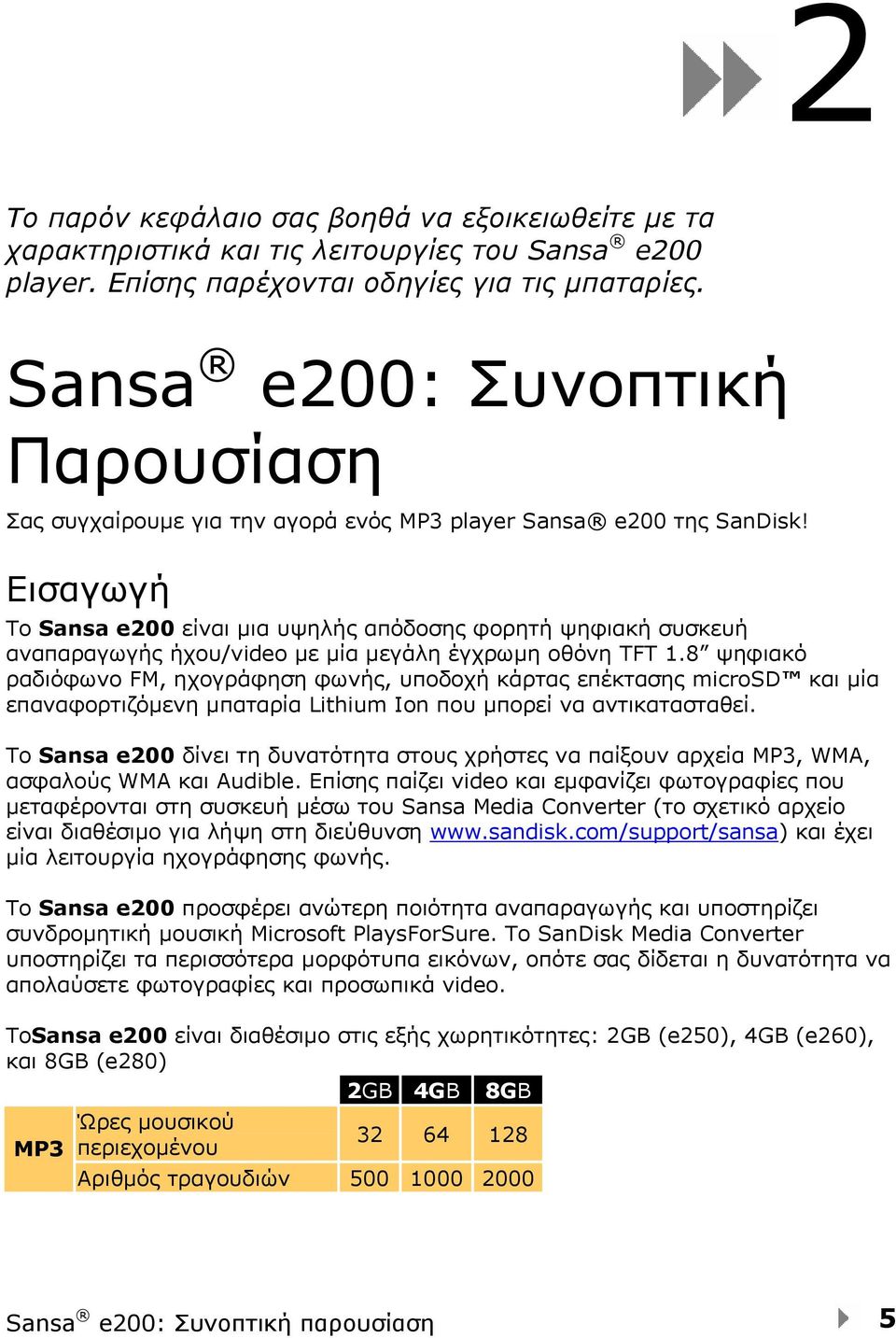 Εισαγωγή Το Sansa e200 είναι μια υψηλής απόδοσης φορητή ψηφιακή συσκευή αναπαραγωγής ήχου/video με μία μεγάλη έγχρωμη οθόνη TFT 1.