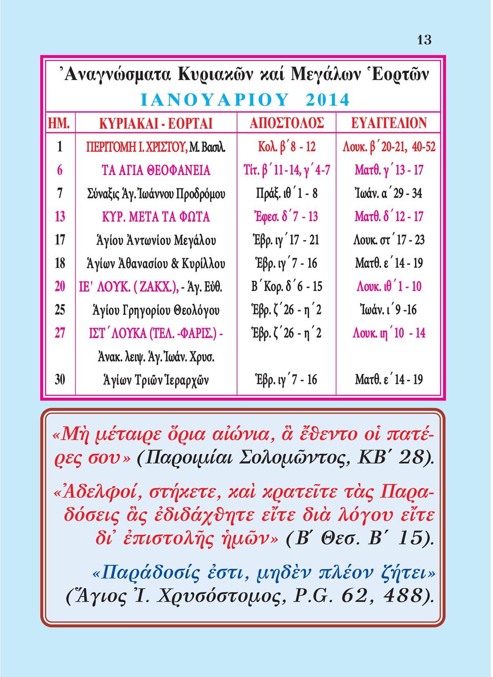 Ἁγίων Τριῶν Ἱεραρχῶν AOOΛO Κολ. β 8-12 Τίτ. β 11-14, γ 4-7 ράξ. ιθ 1-8 Ἐφεσ. δ 7-13 Ἑβρ. ιγ 17-21 Ἑβρ. ιγ 7-16 Β Κορ. δ 6-15 Ἑβρ. ζ 26 - η 2 Ἑβρ. ζ 26 - η 2 Ἑβρ. ιγ 7-16 EYAΓΓEΛION Λουκ.