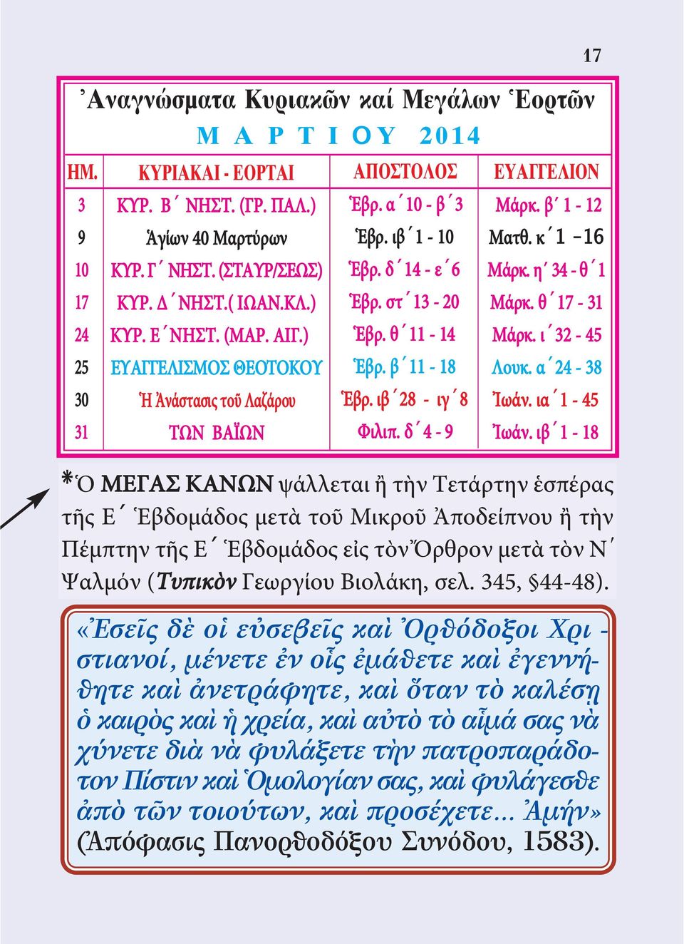 δ 4-9 17 EYAΓΓEΛION Mάρκ. β 1-12 Ματθ. κ 1-16 Mάρκ. η 34 - θ 1 Μάρκ. θ 17-31 Μάρκ. ι 32-45 Λουκ. α 24-38 Ἰωάν. ια 1-45 Ἰωάν.