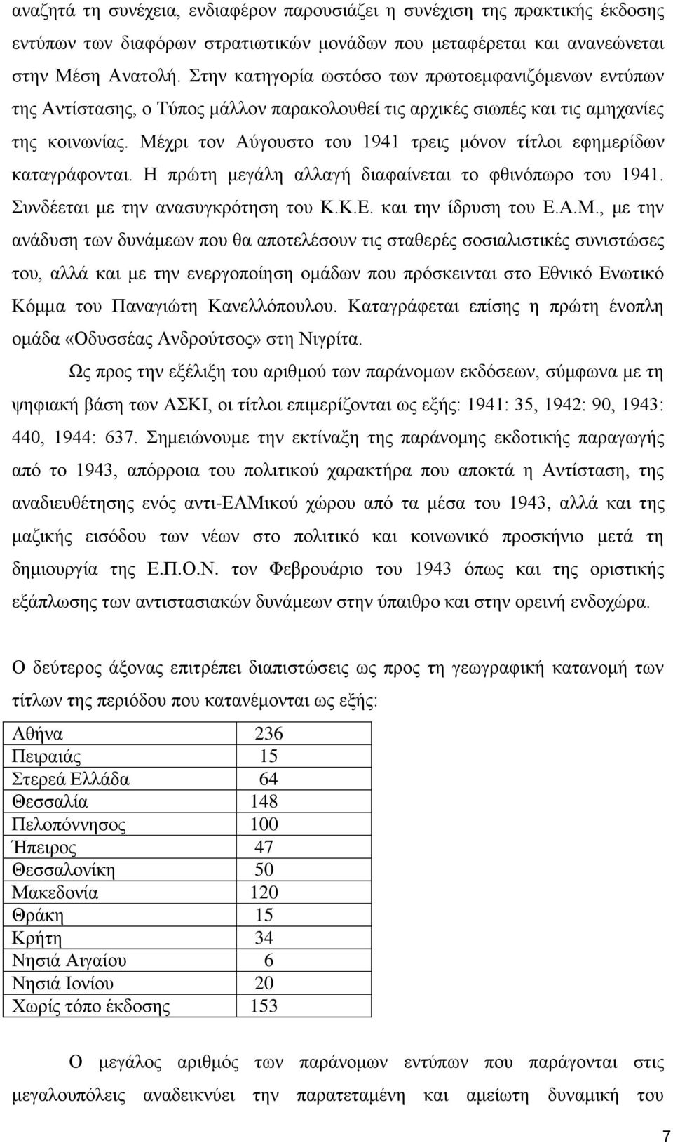 Μέρξη ηνλ Αύγνπζην ηνπ 1941 ηξεηο κόλνλ ηίηινη εθεκεξίδσλ θαηαγξάθνληαη. Η πξώηε κεγάιε αιιαγή δηαθαίλεηαη ην θζηλόπσξν ηνπ 1941. πλδέεηαη κε ηελ αλαζπγθξόηεζε ηνπ Κ.Κ.Ε. θαη ηελ ίδξπζε ηνπ Ε.Α.Μ., κε ηελ αλάδπζε ησλ δπλάκεσλ πνπ ζα απνηειέζνπλ ηηο ζηαζεξέο ζνζηαιηζηηθέο ζπληζηώζεο ηνπ, αιιά θαη κε ηελ ελεξγνπνίεζε νκάδσλ πνπ πξόζθεηληαη ζην Εζληθό Ελσηηθό Κόκκα ηνπ Παλαγηώηε Καλειιόπνπινπ.