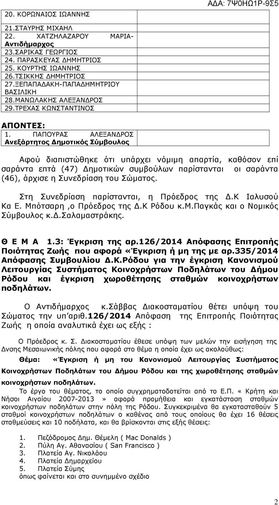 ΠΑΠΟΥΡΑΣ ΑΛΕΞΑΝ ΡΟΣ Ανεξάρτητος ηµοτικός Σύµβουλος Αφού διαπιστώθηκε ότι υπάρχει νόµιµη απαρτία, καθόσον επί σαράντα επτά (47) ηµοτικών συµβούλων παρίστανται οι σαράντα (46), άρχισε η Συνεδρίαση του