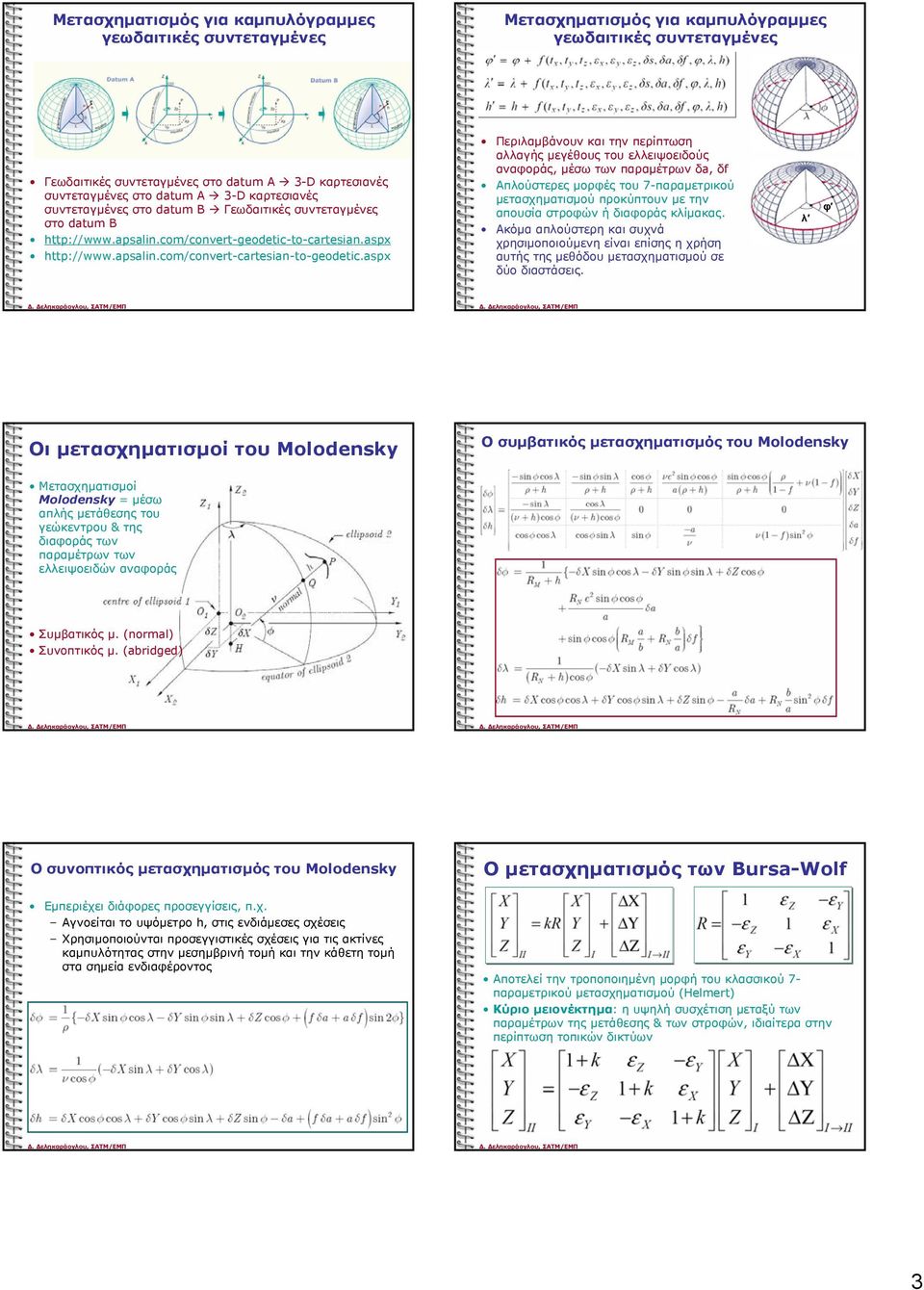 aspx Περιλαμβάνουν και την περίπτωση αλλαγής μεγέθους του ελλειψοειδούς αναφοράς, μέσω των παραμέτρων δa, δf Απλούστερες μορφές του 7-παραμετρικού μετασχηματισμού προκύπτουν µε την απουσία στροφών ή