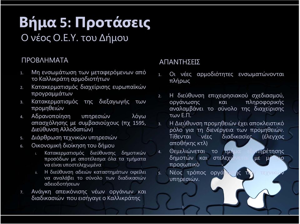 Οικονομική διοίκηση του δήμου i. Κατακερματισμός διεύθυνσης δημοτικών προσόδων με αποτέλεσμα όλα τα τμήματα να είναι υποστελεχωμένα ii.