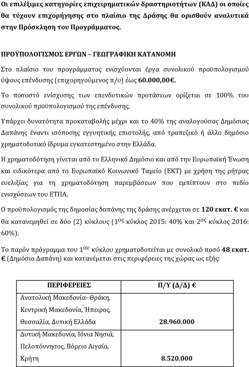 Το ποσοστό ενίσχυσης των επενδυτικών προτάσεων ορίζεται σε 100% του συνολικού προϋπολογισμού της επένδυσης.