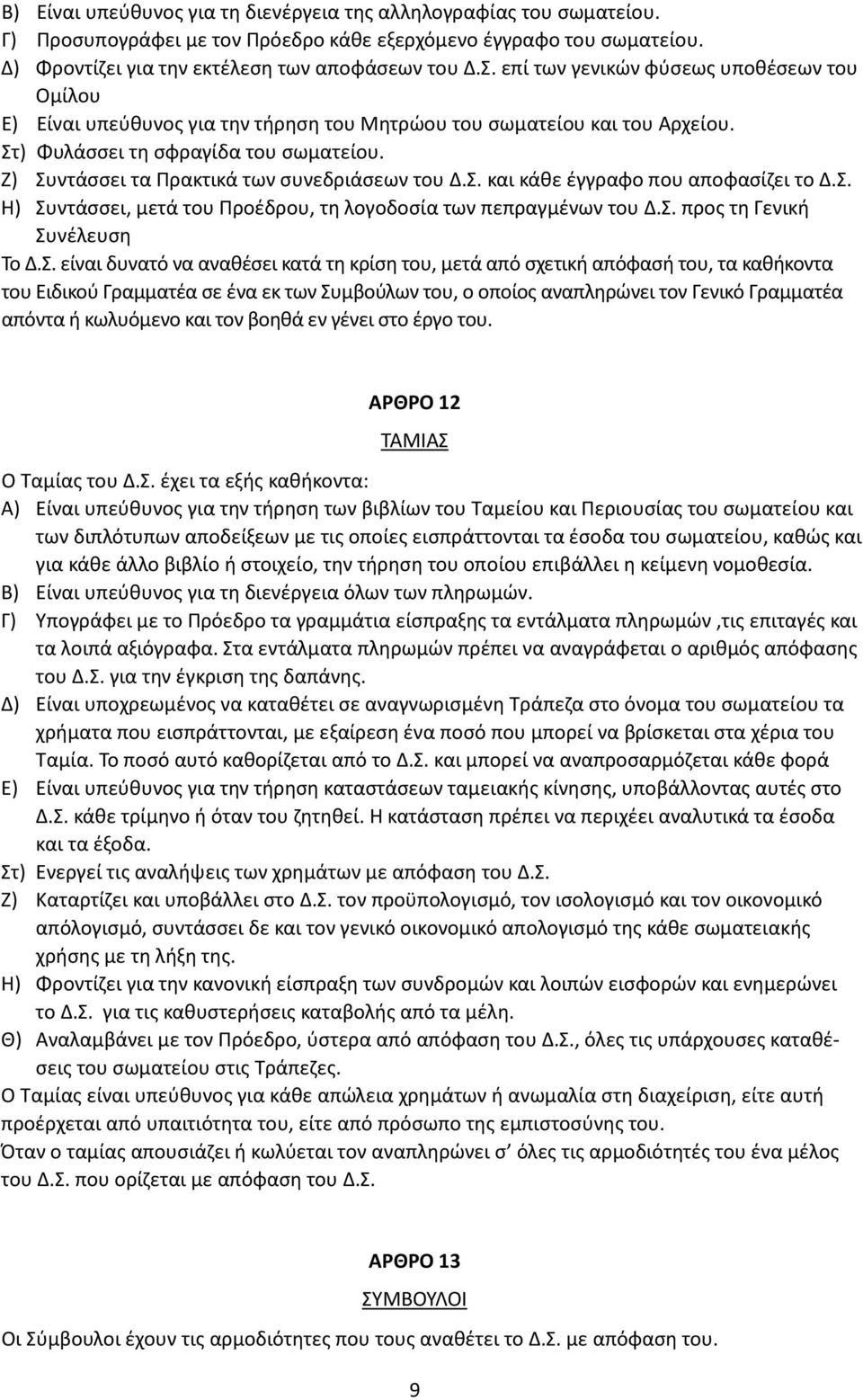 Ζ) Συντάσσει τα Πρακτικά των συνεδριάσεων του Δ.Σ. και κάθε έγγραφο που αποφασίζει το Δ.Σ. Η) Συντάσσει, μετά του Προέδρου, τη λογοδοσία των πεπραγμένων του Δ.Σ. προς τη Γενική Συνέλευση Το Δ.Σ.