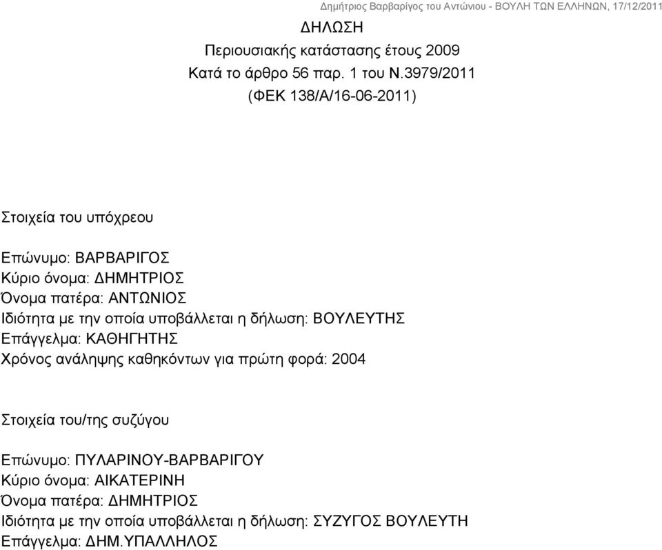 Ιδιότητα με την οποία υποβάλλεται η δήλωση: ΒΟΥΛΕΥΤΗΣ Επάγγελμα: ΚΑΘΗΓΗΤΗΣ Χρόνος ανάληψης καθηκόντων για πρώτη φορά: 2004