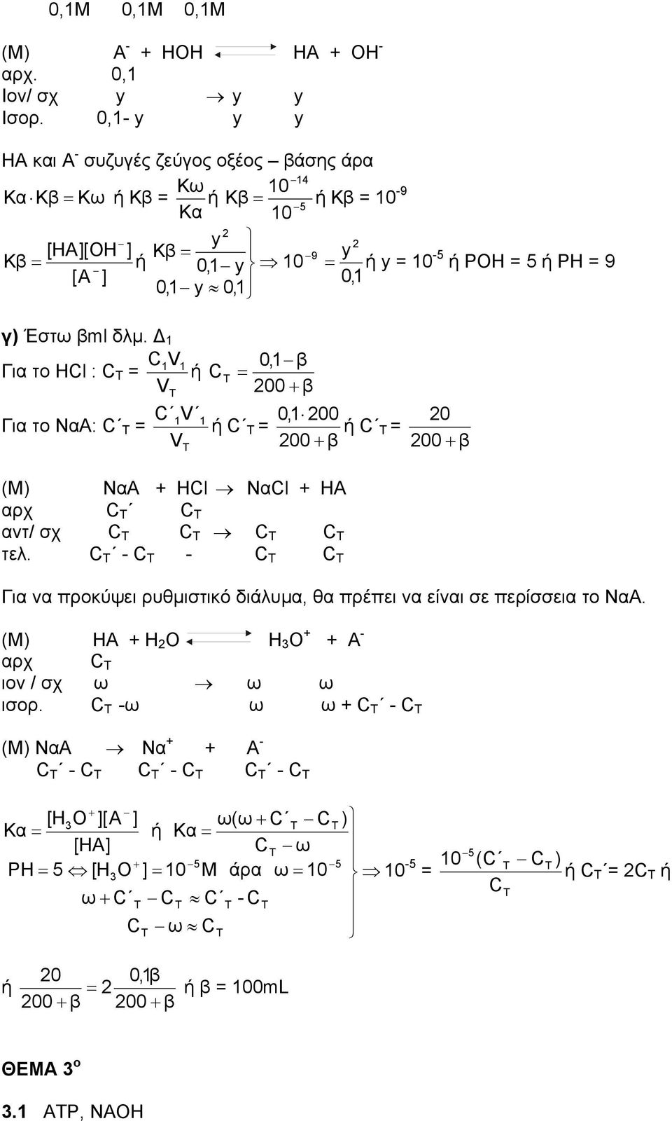 γ) Έστω βml δλµ. 1 C1V Για το HCl : C = V Για το ΝαΑ: C = 1 ή C 1V V 1 C 0,1 β = 200 + β 0,1 200 ή C = ή C = 200 + β 20 200 + β (Μ) ΝαΑ + ΗCl NαCl + HA αρχ C C αντ/ σχ C C C C τελ.