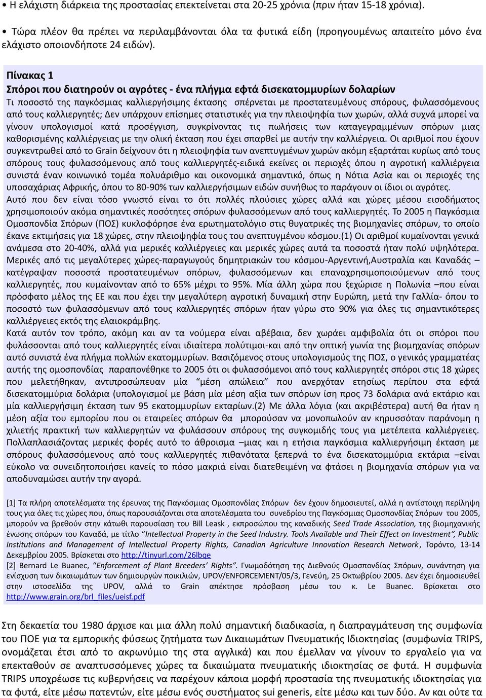 Πίνακας 1 Σπόροι που διατηρούν οι αγρότες - ένα πλήγμα εφτά δισεκατομμυρίων δολαρίων Τι ποσοστό της παγκόσμιας καλλιεργήσιμης έκτασης σπέρνεται με προστατευμένους σπόρους, φυλασσόμενους από τους