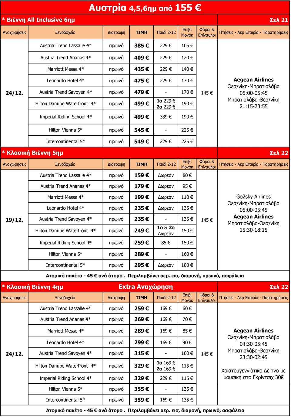 Austria Trend Savoyen 4* πρωινό 479-170 145 Hilton Danube Waterfront 4* πρωινό 499 1ο 229 2ο 229 190 05:00-05:45 21:15-23:55 Imperial Riding School 4* πρωινό 499 339 190 * Κλασική Βιέννη 5ημ Hilton