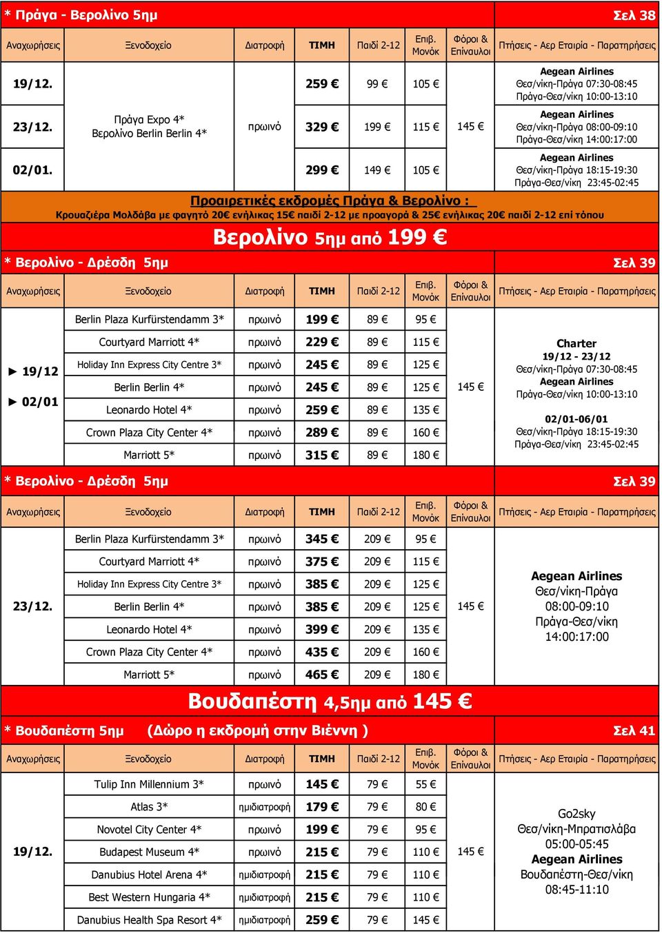 299 149 105 * Βερολίνο - Δρέσδη 5ημ Θεσ/νίκη-Πράγα 18:15-19:30 Πράγα-Θεσ/νίκη 23:45-02:45 Προαιρετικές εκδρομές Πράγα & Βερολίνο : Κρουαζιέρα Μολδάβα με φαγητό 20 ενήλικας 15 παιδί με προαγορά & 25