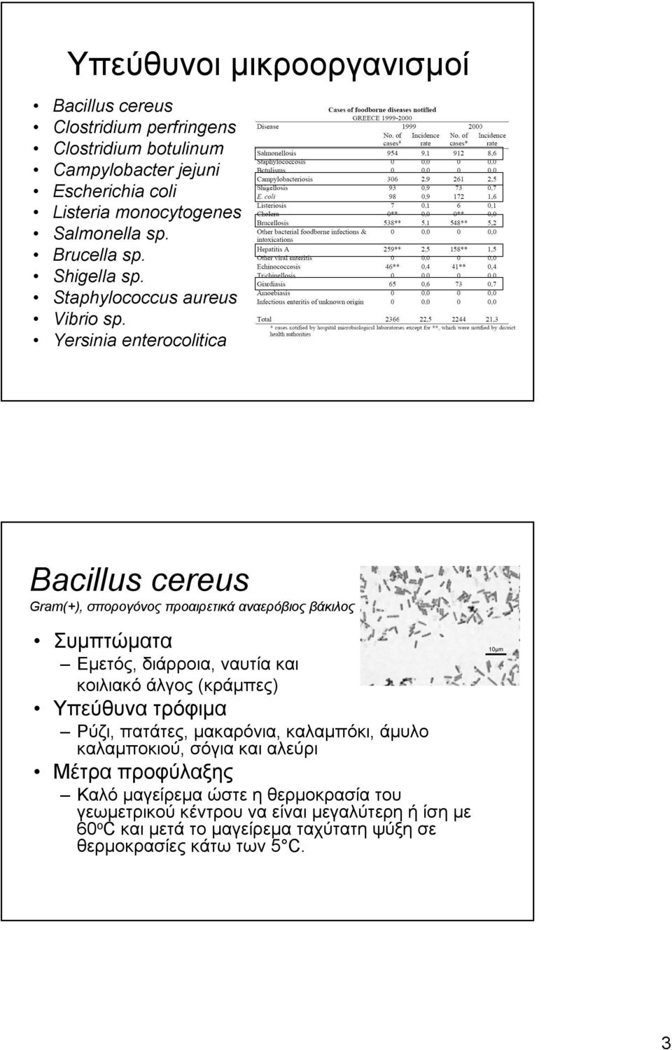Yersinia enterocolitica Bacillus cereus Gram(+), σπορογόνος προαιρετικά αναερόβιος βάκιλος Εμετός, διάρροια, ναυτία και κοιλιακό άλγος (κράμπες) Ρύζι,