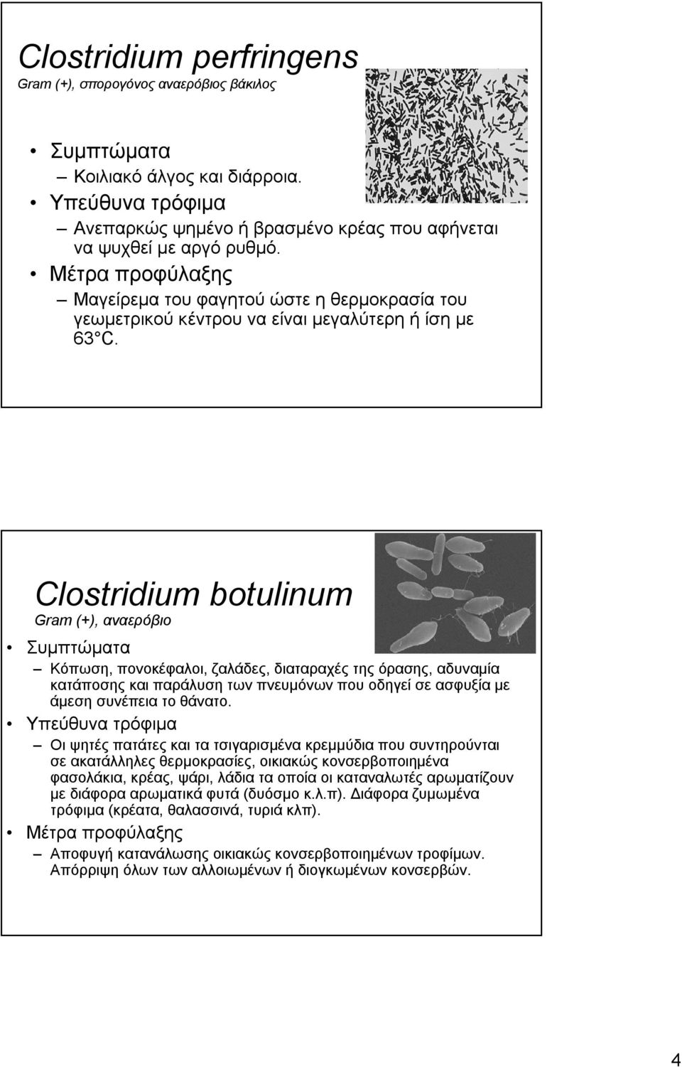 Clostridium botulinum Gram (+), αναερόβιο Κόπωση, πονοκέφαλοι, ζαλάδες, διαταραχές της όρασης, αδυναμία κατάποσης και παράλυση των πνευμόνων που οδηγεί σε ασφυξία με άμεση συνέπεια το θάνατο.