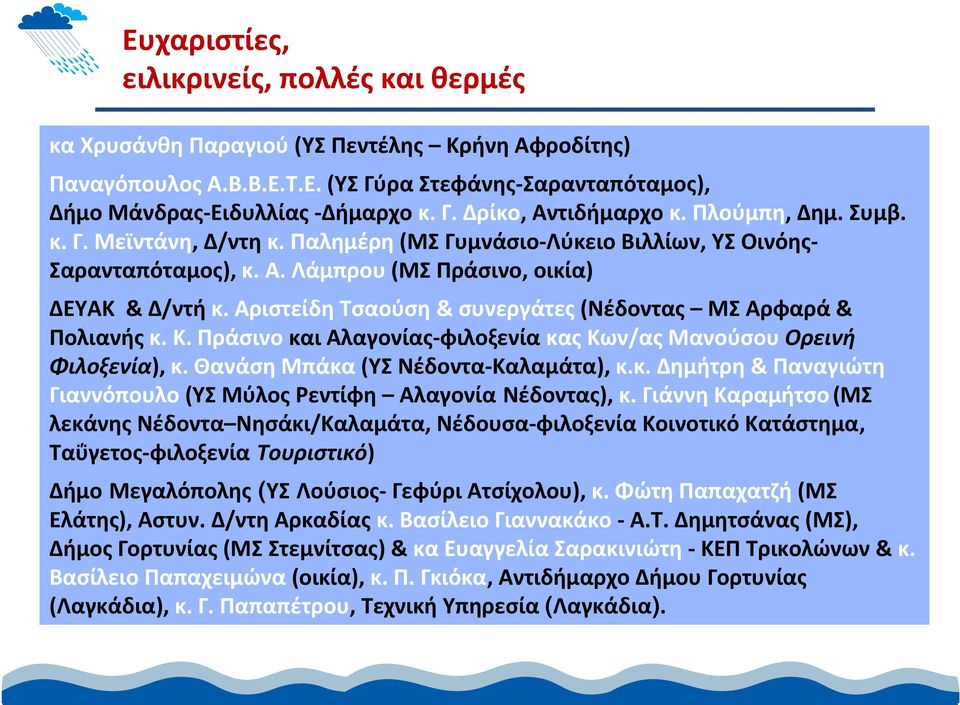 Αριστείδη Τσαούση & συνεργάτες (Νέδοντας ΜΣ Αρφαρά & Πολιανής κ. Κ. Πράσινο και Αλαγονίας φιλοξενία κας Κων/ας Μανούσου Ορεινή Φιλοξενία), κ. Θανάση Μπάκα (ΥΣ Νέδοντα Καλαμάτα), κ.κ. Δημήτρη & Παναγιώτη Γιαννόπουλο (ΥΣ Μύλος Ρεντίφη Αλαγονία Νέδοντας), κ.