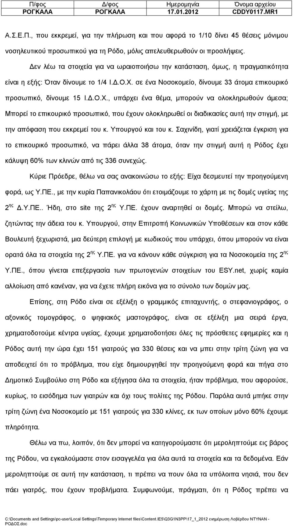 σε ένα Νοσοκομείο, δίνουμε 33 άτομα επικουρικό προσωπικό, δίνουμε 15 Ι.Δ.Ο.Χ.