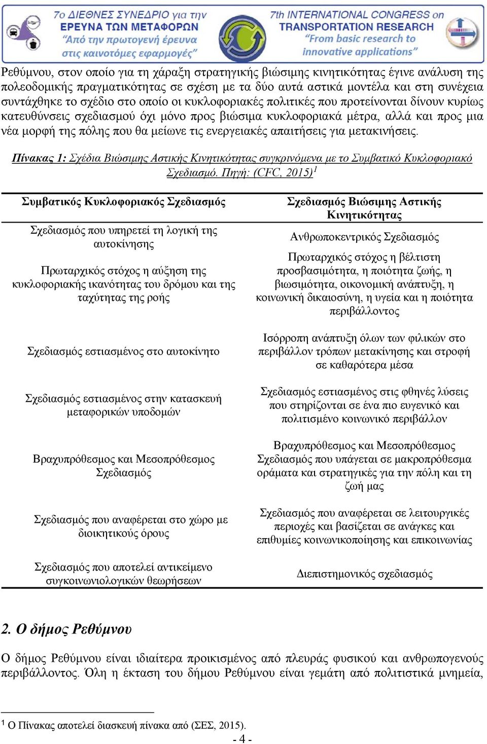 απαιτήσεις για μετακινήσεις. Πίνακας 1: Σχέδια Βιώσιμης Αστικής Κινητικότητας συγκρινόμενα με το Συμβατικό Κυκλοφοριακό Σχεδιασμό.