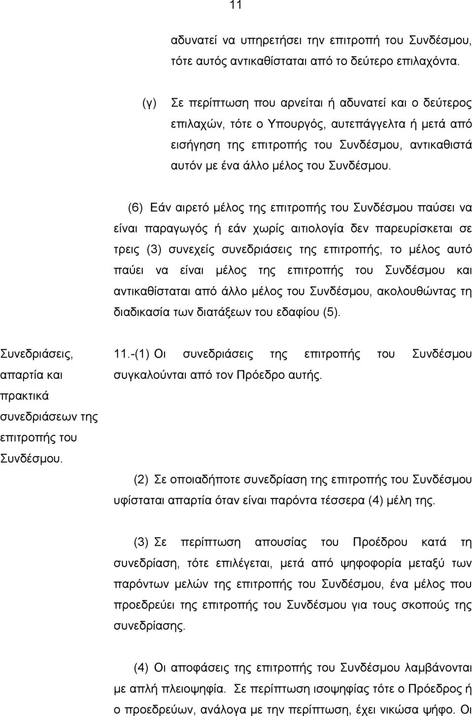 (6) Εάν αιρετό μέλος της επιτροπής του Συνδέσμου παύσει να είναι παραγωγός ή εάν χωρίς αιτιολογία δεν παρευρίσκεται σε τρεις (3) συνεχείς συνεδριάσεις της επιτροπής, το μέλος αυτό παύει να είναι