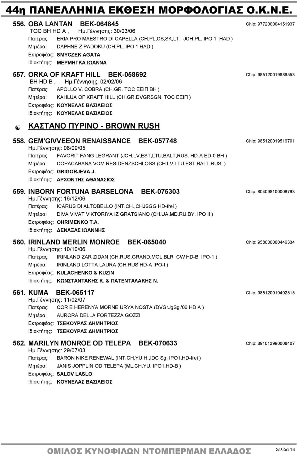 Γέννησης: 02/02/06 Πατέρας: APOLLO V. COBRA (CH.GR. TOC ΕΕΙΠ BH ) Μητέρα: KAHLUA OF KRAFT HILL (CH.GR.DVGRSGN. TOC ΕΕΙΠ ) Ιδιοκτήτης: ΚΟΥΝΕΛΑΣ ΒΑΣΙΛΕΙΟΣ ΚΑΣΤΑΝΟ ΠΥΡΙΝΟ - BROWN RUSH 558.