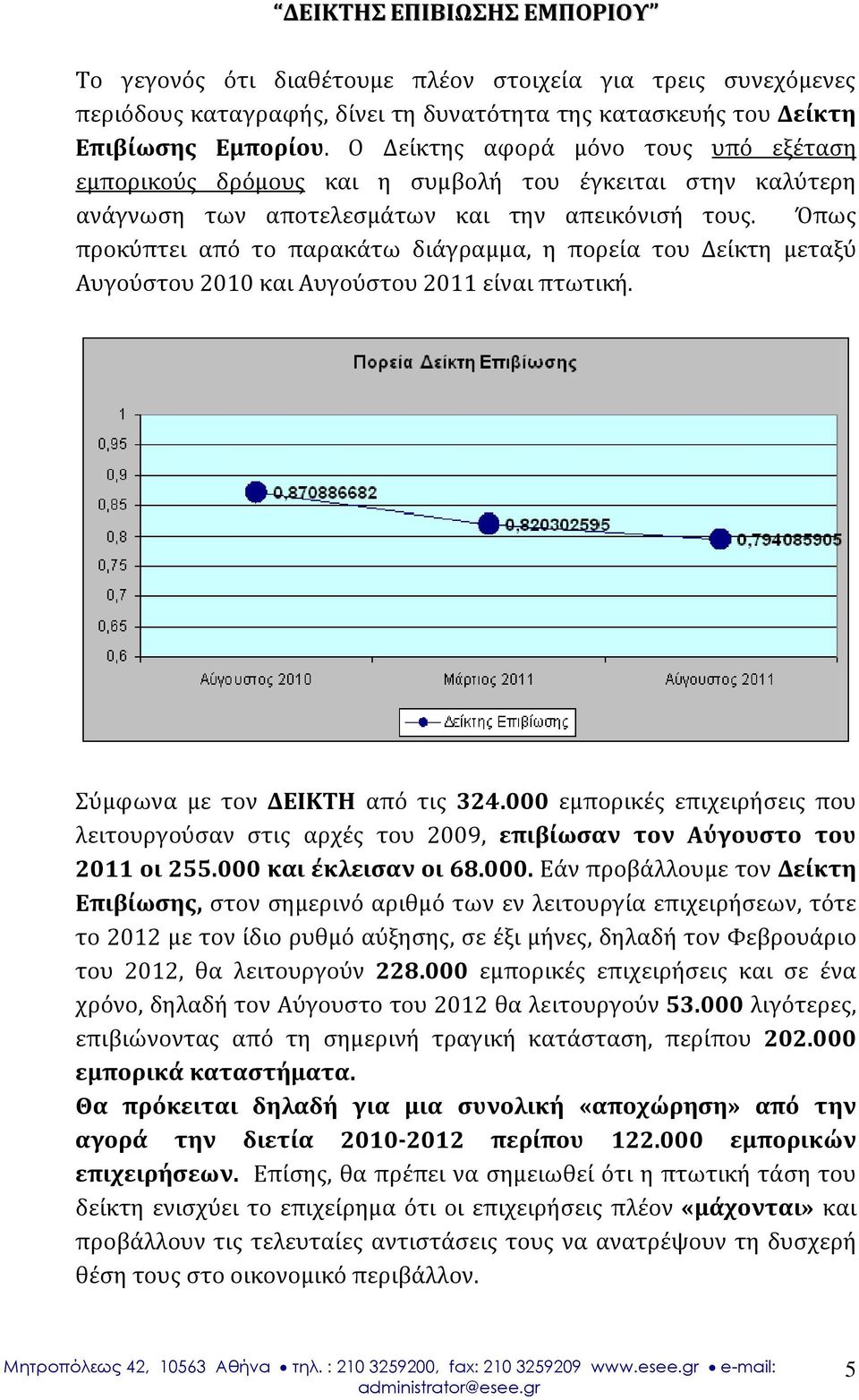 Όπως προκύπτει από το παρακάτω διάγραμμα, η πορεία του Δείκτη μεταξύ Αυγούστου 2010 και Αυγούστου 2011 είναι πτωτική. Σύμφωνα με τον ΔΕΙΚΤΗ από τις 324.