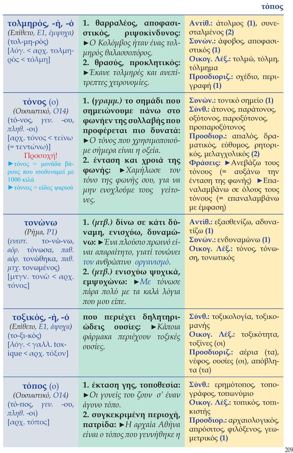 τόνος] τοξικός, -ή, -ό (Επίθετο, Ε1, άψυχα) (το-ξι-κός) [λόγ. < γαλλ. toxique < αρχ. τόξον] τόπος (ο) (Ουσιαστικό, Ο14) (τό-πος, γεν. -ου, πληθ. -οι) [αρχ. τόπος] 1.