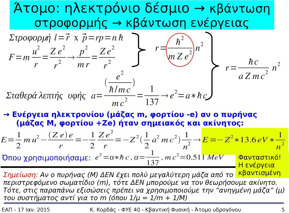 6 ev r r n n Όπου χρησιμοποιήσαμε: e =α ℏ c, α= 1, m c =0.511 MeV 137 Φανταστικό!