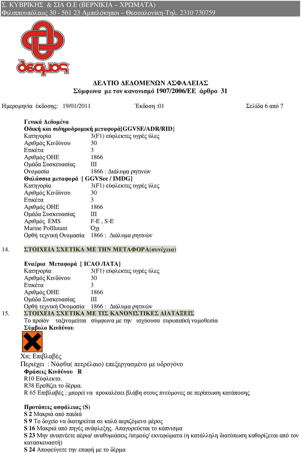 Αριθµός EMS F-Ε, S-Ε Marine Polllutant Όχι Ορθή τεχνική Ονοµασία 1866 : ιάλυµα ρητινών 14.