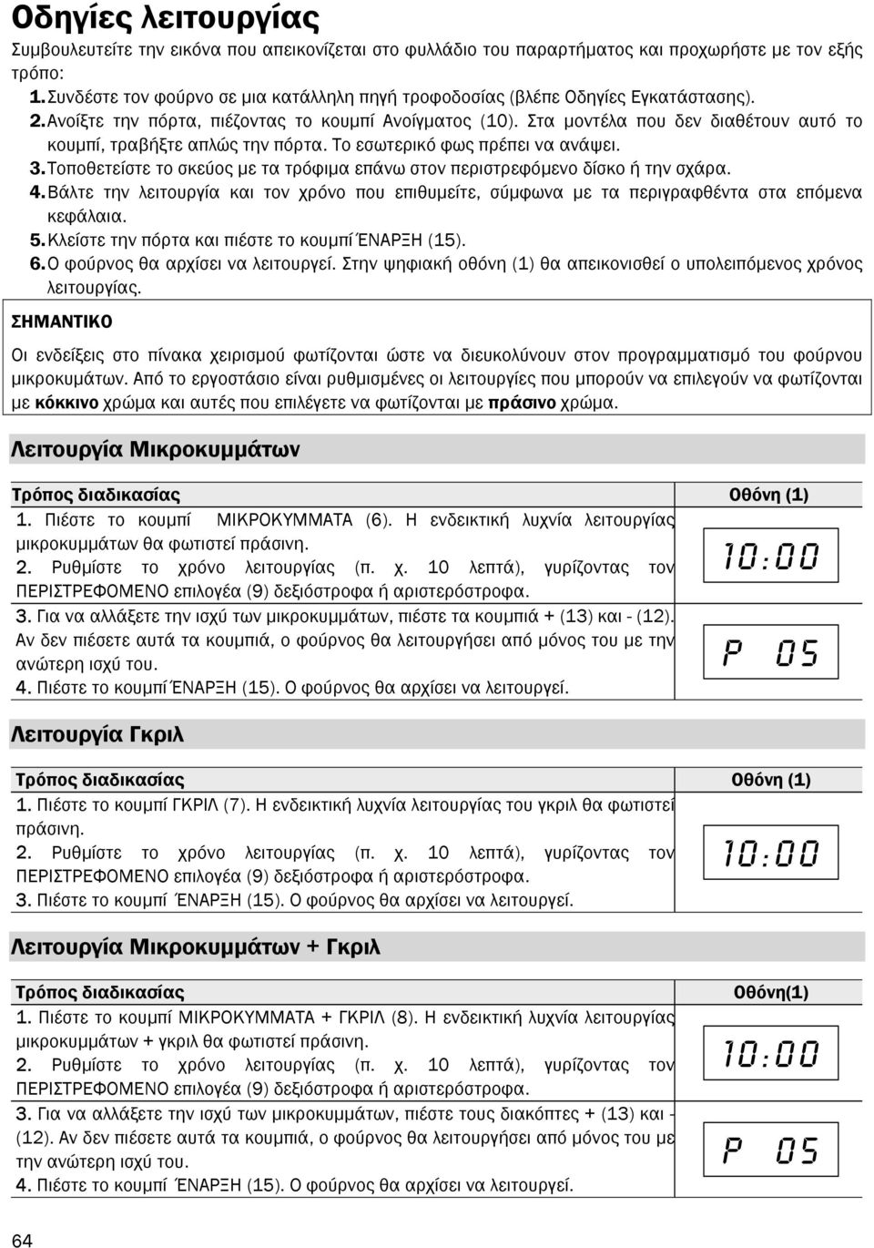 Στα µοντέλα που δεν διαθέτουν αυτό το κουµπί, τραβήξτε απλώς την πόρτα. Το εσωτερικό φως πρέπει να ανάψει. 3. Τοποθετείστε το σκεύος µε τα τρόφιµα επάνω στον περιστρεφόµενο δίσκο ή την σχάρα. 4.