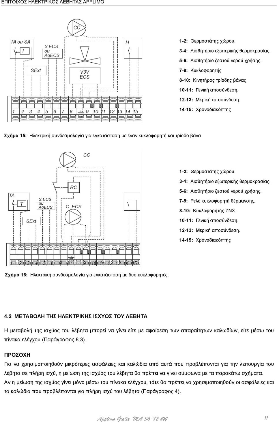 5-6: Αισθητήριο ζεστού νερού χρήσης. 7-9: Ρελέ κυκλοφορητή θέρμανσης. 8-10: Κυκλοφορητής ΖΝΧ. 10-11: Γενική αποσύνδεση. 12-13: Μερική αποσύνδεση.