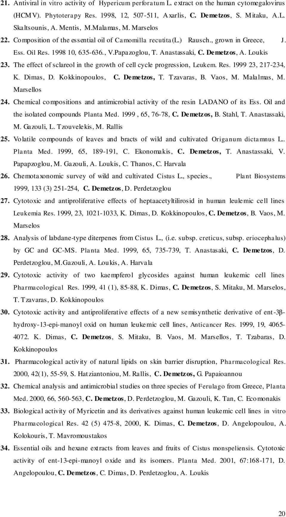 Demetzos, A. Loukis 23. The effect of sclareol in the growth of cell cycle progression, Leukem. Res. 1999 23, 217-234, Κ. Dimas, D. Kokkinopoulos, C. Demetzos, T. Tzavaras, B. Vaos, M. Malalmas, M.