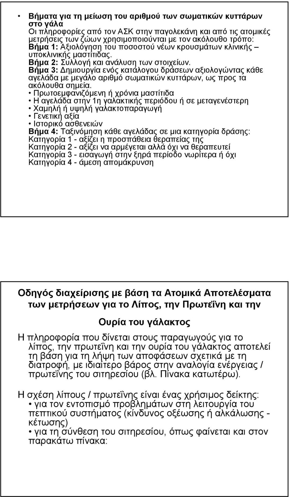 Βήµα 3: ηµιουργία ενός κατάλογου δράσεων αξιολογώντας κάθε αγελάδα µε µεγάλο αριθµό σωµατικών κυττάρων, ως προς τα ακόλουθα σηµεία.