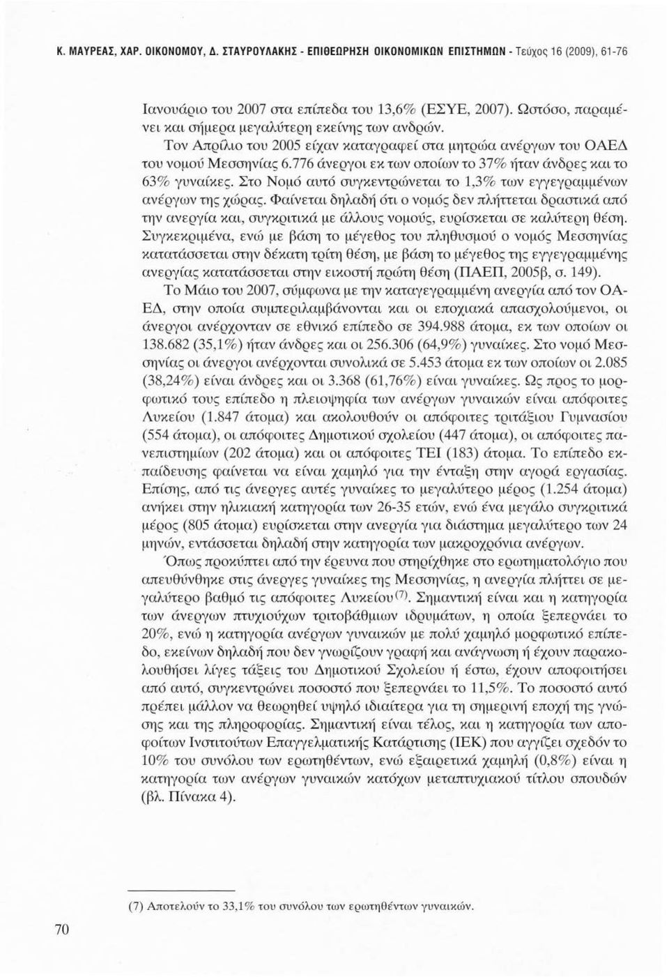 776 άνεργοι εκ των οποίων το 37% ήταν άνδρες και το 63% γυναίκες. Στο Νομό αυτό συγκεντρώνεται το 1,3% των εγγεγραμμ ένων ανέργων της χώρας.