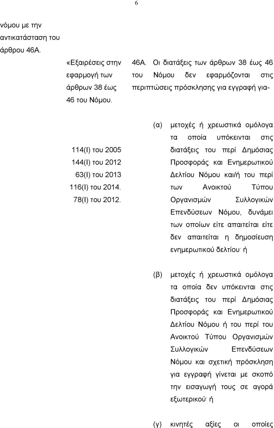 Οι διατάξεις των άρθρων 38 έως 46 του Νόμου δεν εφαρμόζονται στις περιπτώσεις πρόσκλησης για εγγραφή για- 114(Ι) του 2005 144(Ι) του 2012 63(Ι) του 2013 116(Ι) του 2014. 78(Ι) του 2012.