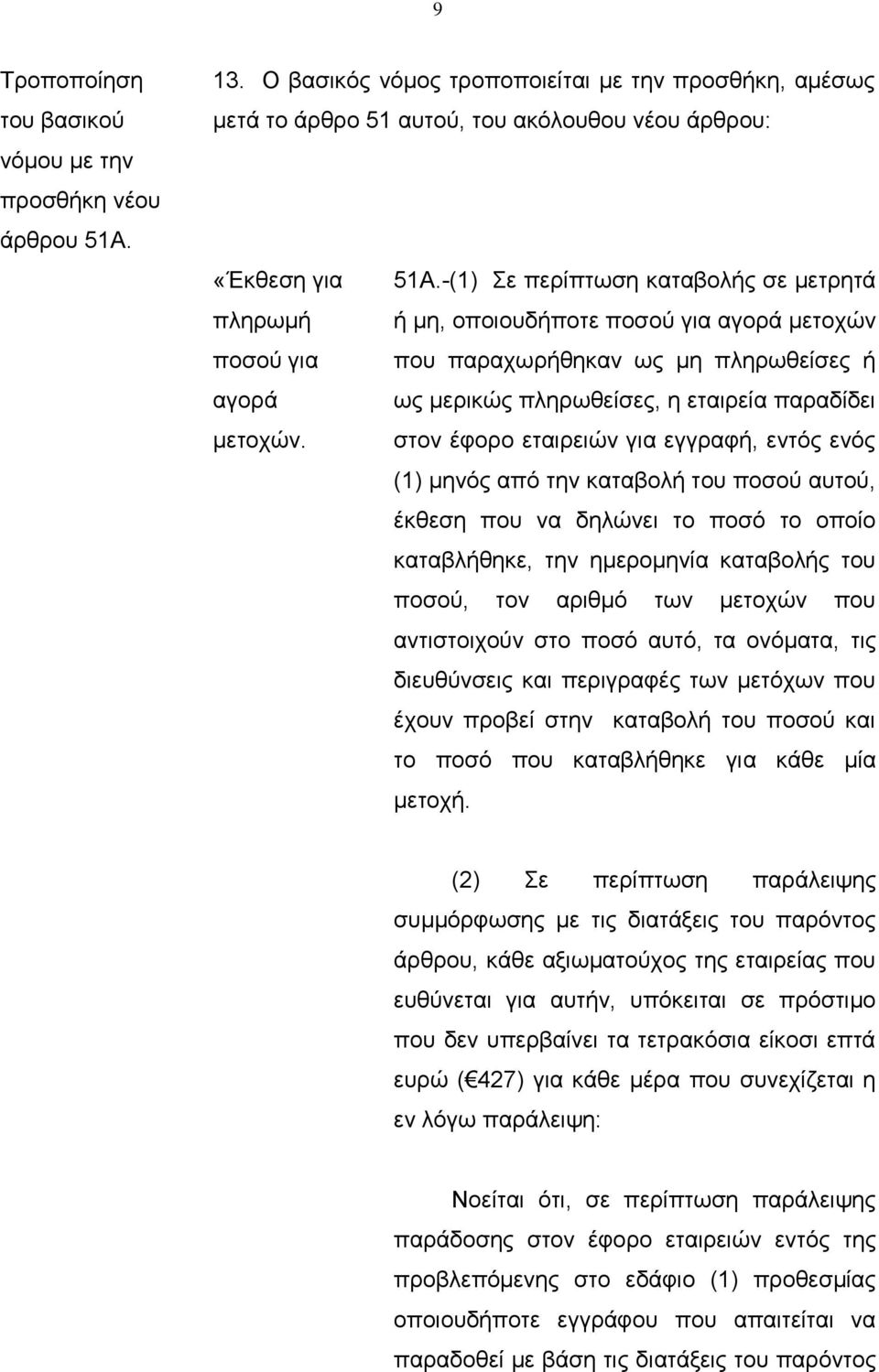 -(1) Σε περίπτωση καταβολής σε μετρητά ή μη, οποιουδήποτε ποσού για αγορά μετοχών που παραχωρήθηκαν ως μη πληρωθείσες ή ως μερικώς πληρωθείσες, η εταιρεία παραδίδει στον έφορο εταιρειών για εγγραφή,