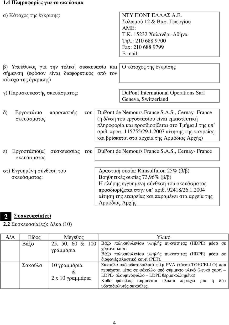 σκευάσµατος: DuPont International Operations Sarl Geneva, Switzerland δ) Εργοστάσιο παρασκευής του σκευάσµατος ε) Εργοστάσιο(α) συσκευασίας του σκευάσµατος στ) Εγγυηµένη σύνθεση του σκευάσµατος: