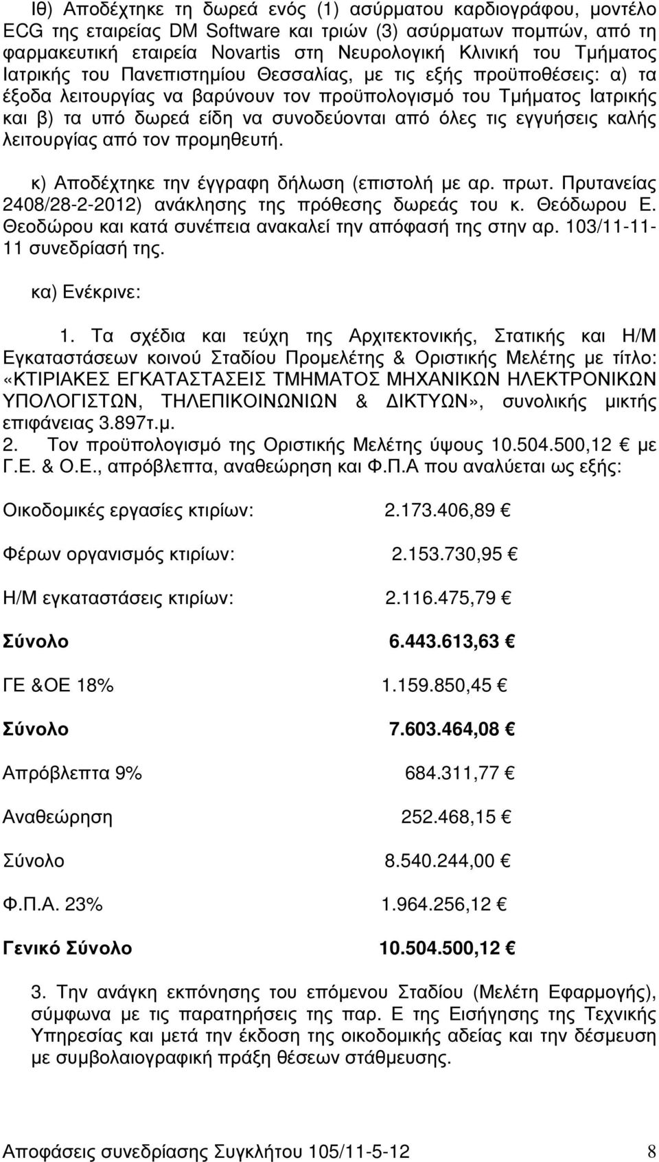 τις εγγυήσεις καλής λειτουργίας από τον προµηθευτή. κ) Αποδέχτηκε την έγγραφη δήλωση (επιστολή µε αρ. πρωτ. Πρυτανείας 2408/28-2-2012) ανάκλησης της πρόθεσης δωρεάς του κ. Θεόδωρου Ε.