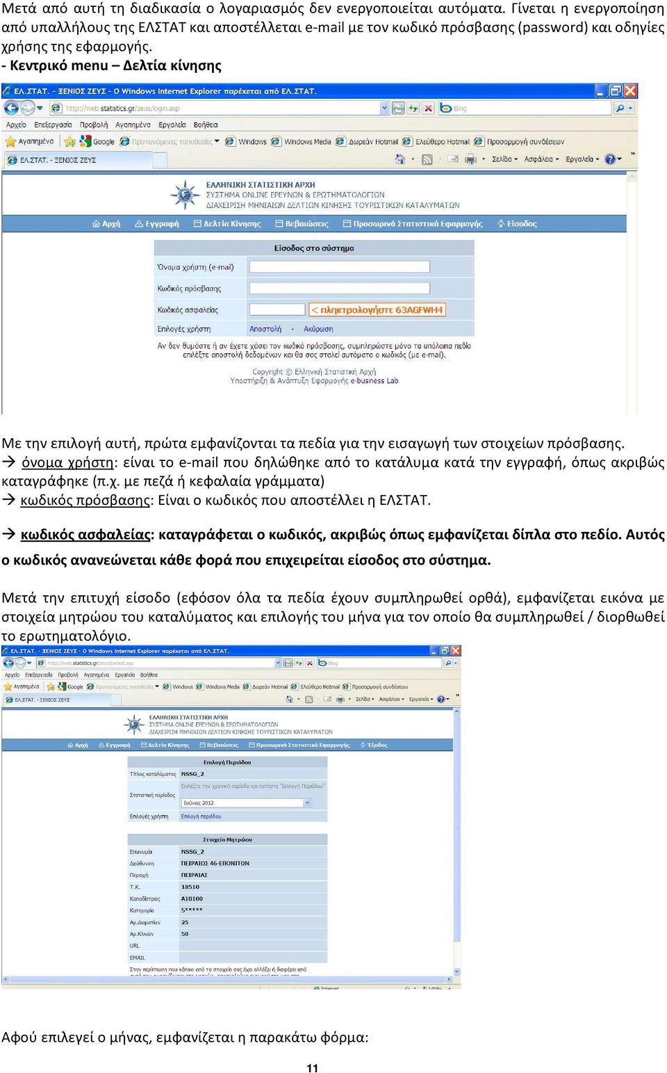 - Κεντρικό menu Δελτία κίνησης Με την επιλογή αυτή, πρώτα εμφανίζονται τα πεδία για την εισαγωγή των στοιχείων πρόσβασης.