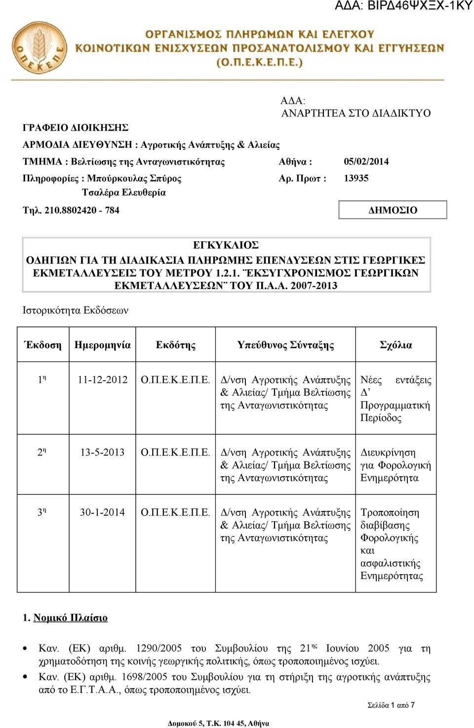 Α.Α. 2007-2013 Ιστορικότητα Εκδόσεων Έκδοση Ημερομηνία Εκδότης Υπεύθυνος Σύνταξης Σχόλια 1 η 11-12-2012 Ο.Π.Ε.Κ.Ε.Π.Ε. Δ/νση Αγροτικής Ανάπτυξης & Αλιείας/ Τμήμα Βελτίωσης της Ανταγωνιστικότητας Νέες εντάξεις Δ Προγραμματική Περίοδος 2 η 13-5-2013 Ο.