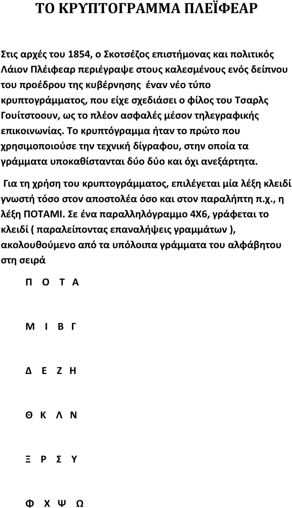 Το κρυπτόγραμμα ήταν το πρώτο που χρησιμοποιούσε την τεχνική δίγραφου, στην οποία τα γράμματα υποκαθίστανται δύο δύο και όχι ανεξάρτητα.