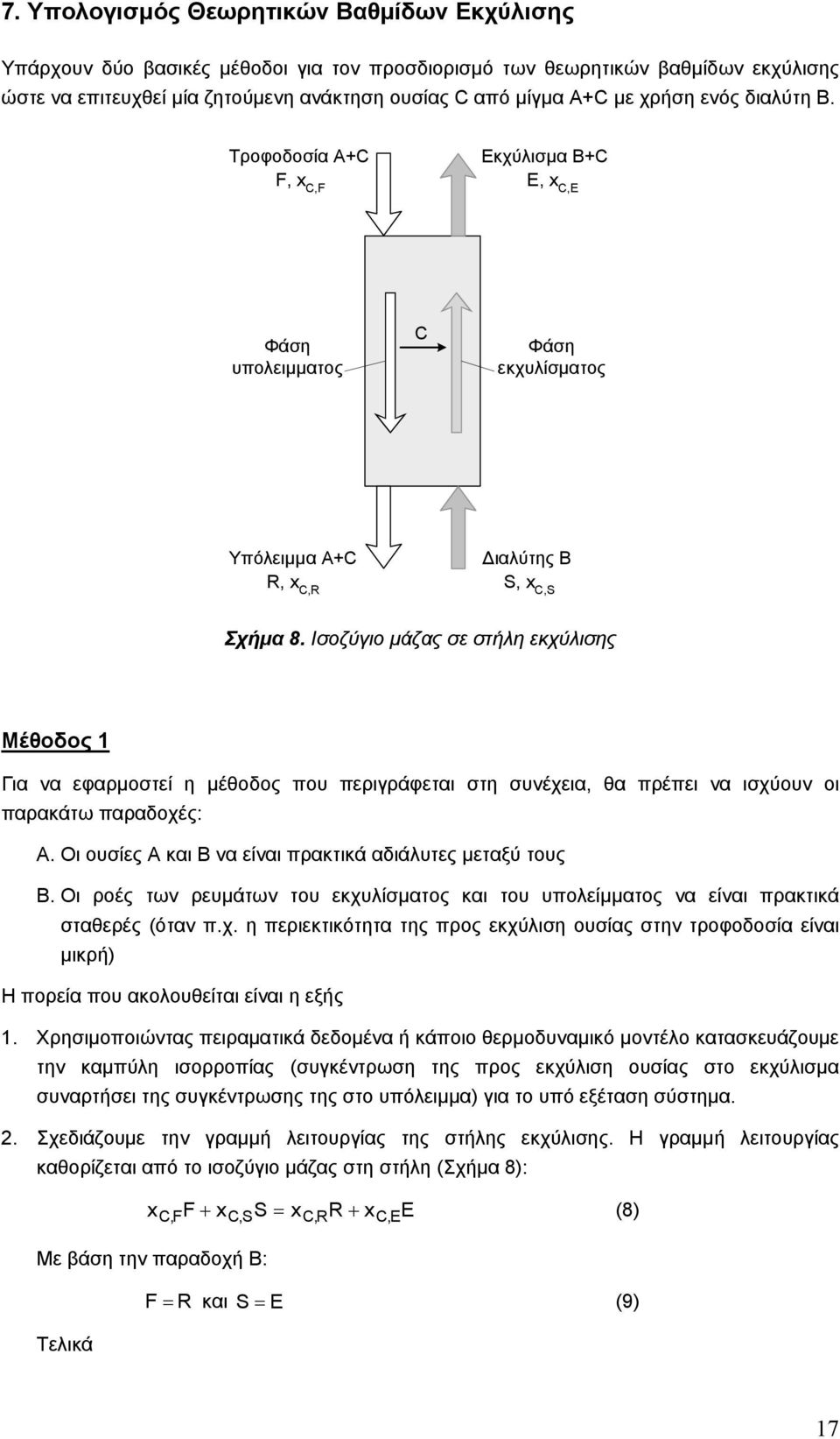 Ισοζύγιο μάζας σε στήλη εκχύλισης Μέθοδος Για να εφαρμοστεί η μέθοδος που περιγράφεται στη συνέχεια, θα πρέπει να ισχύουν οι παρακάτω παραδοχές: Α.