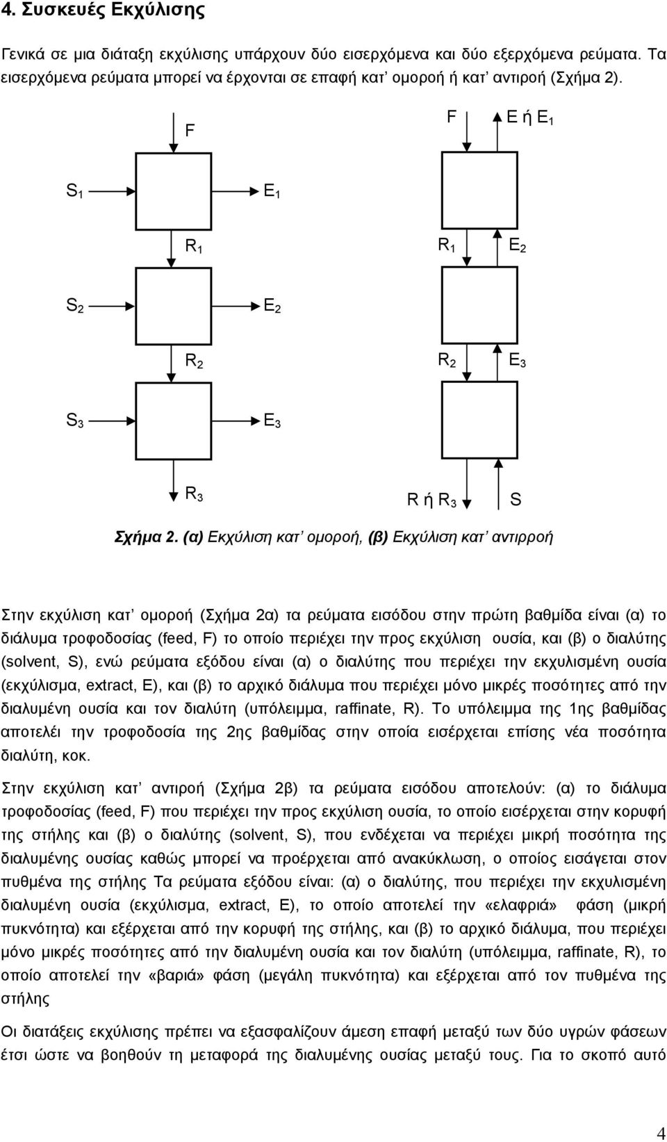 (α) Εκχύλιση κατ ομοροή, (β) Εκχύλιση κατ αντιρροή Στην εκχύλιση κατ ομοροή (Σχήμα α) τα ρεύματα εισόδου στην πρώτη βαθμίδα είναι (α) το διάλυμα τροφοδοσίας (feed, F) το οποίο περιέχει την προς