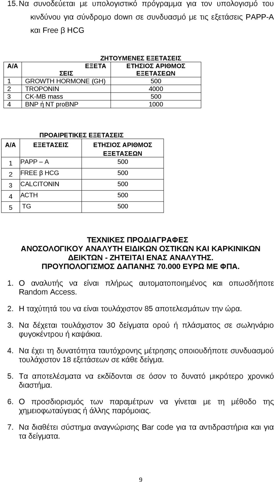 ΤΕΧΝΙΚΕΣ ΠΡΟΔΙΑΓΡΑΦΕΣ ΑΝΟΣΟΛΟΓΙΚΟΥ ΑΝΑΛΥΤΗ ΕΙΔΙΚΩΝ ΟΣΤΙΚΩΝ ΚΑΙ ΚΑΡΚΙΝΙΚΩΝ ΔΕΙΚΤΩΝ - ΖΗΤΕΙΤΑΙ ΕΝΑΣ ΑΝΑΛΥΤΗΣ. ΠΡΟΥΠΟΛΟΓΙΣΜΟΣ ΔΑΠΑΝΗΣ 70.000 ΕΥΡΩ ΜΕ ΦΠΑ. 1.