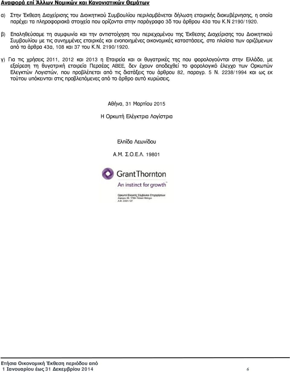 β) Επαληθεύσαμε τη συμφωνία και την αντιστοίχηση του περιεχομένου της Έκθεσης Διαχείρισης του Διοικητικού Συμβουλίου με τις συνημμένες εταιρικές και ενοποιημένες οικονομικές καταστάσεις, στα πλαίσια