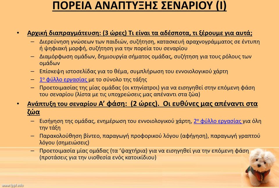 εργασίας με το σύνολο της τάξης Προετοιμασίας της μίας ομάδας (οι κτηνίατροι) για να εισηγηθεί στην επόμενη φάση του σεναρίου (λίστα με τις υποχρεώσεις μας απέναντι στα ζώα) Ανάπτυξη του σεναρίου Α