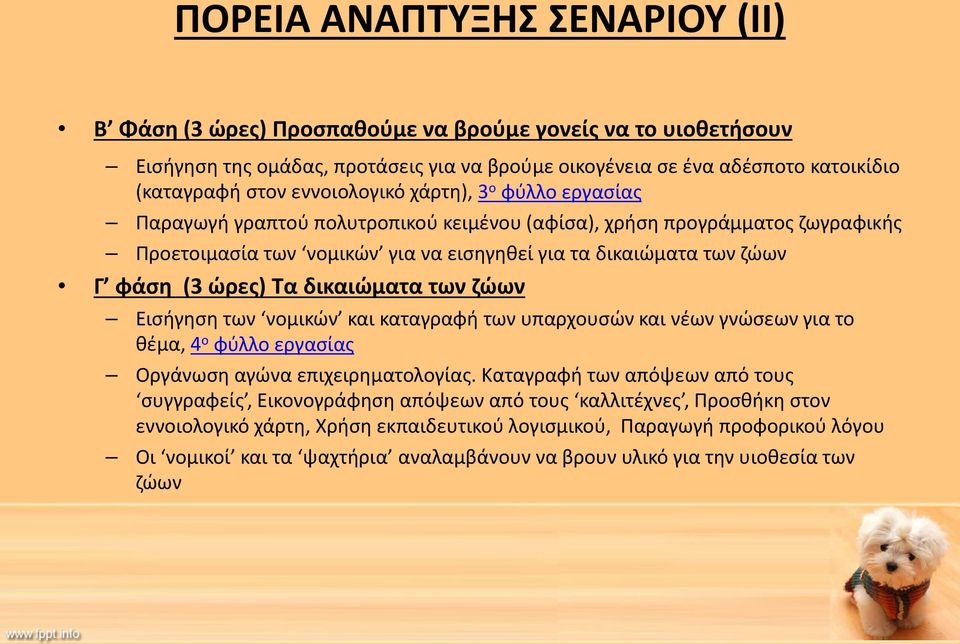 ώρες) Τα δικαιώματα των ζώων Εισήγηση των νομικών και καταγραφή των υπαρχουσών και νέων γνώσεων για το θέμα, 4 ο φύλλο εργασίας Οργάνωση αγώνα επιχειρηματολογίας.