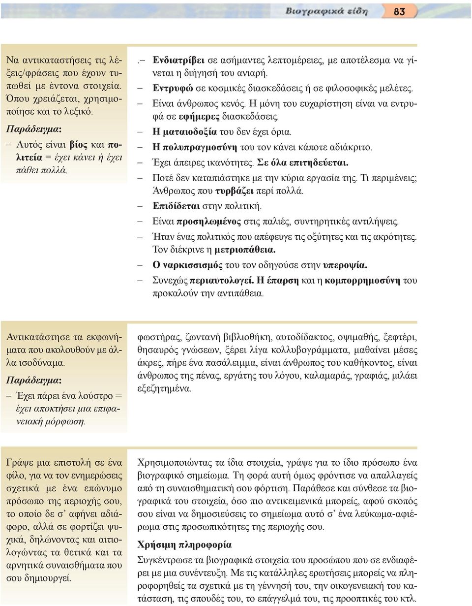 Η µόνη του ευχαρίστηση είναι να εντρυφά σε εφήµερες διασκεδάσεις. Η µαταιοδοξία του δεν έχει όρια. Η πολυπραγµοσύνη του τον κάνει κάποτε αδιάκριτο. Έχει άπειρες ικανότητες. Σε όλα επιτηδεύεται.