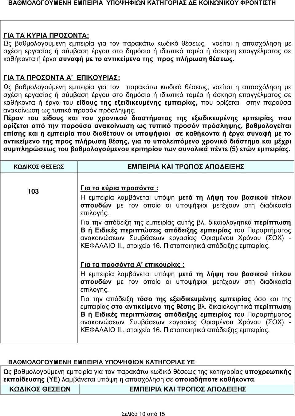 ΓΙΑ ΤΑ ΠΡΟΣΟΝΤΑ Α ΕΠΙΚΟΥΡΙΑΣ: Ως βαθµολογούµενη εµπειρία για τον παρακάτω κωδικό θέσεως, νοείται η απασχόληση µε σχέση εργασίας ή σύµβαση έργου στο δηµόσιο ή ιδιωτικό τοµέα ή άσκηση επαγγέλµατος σε