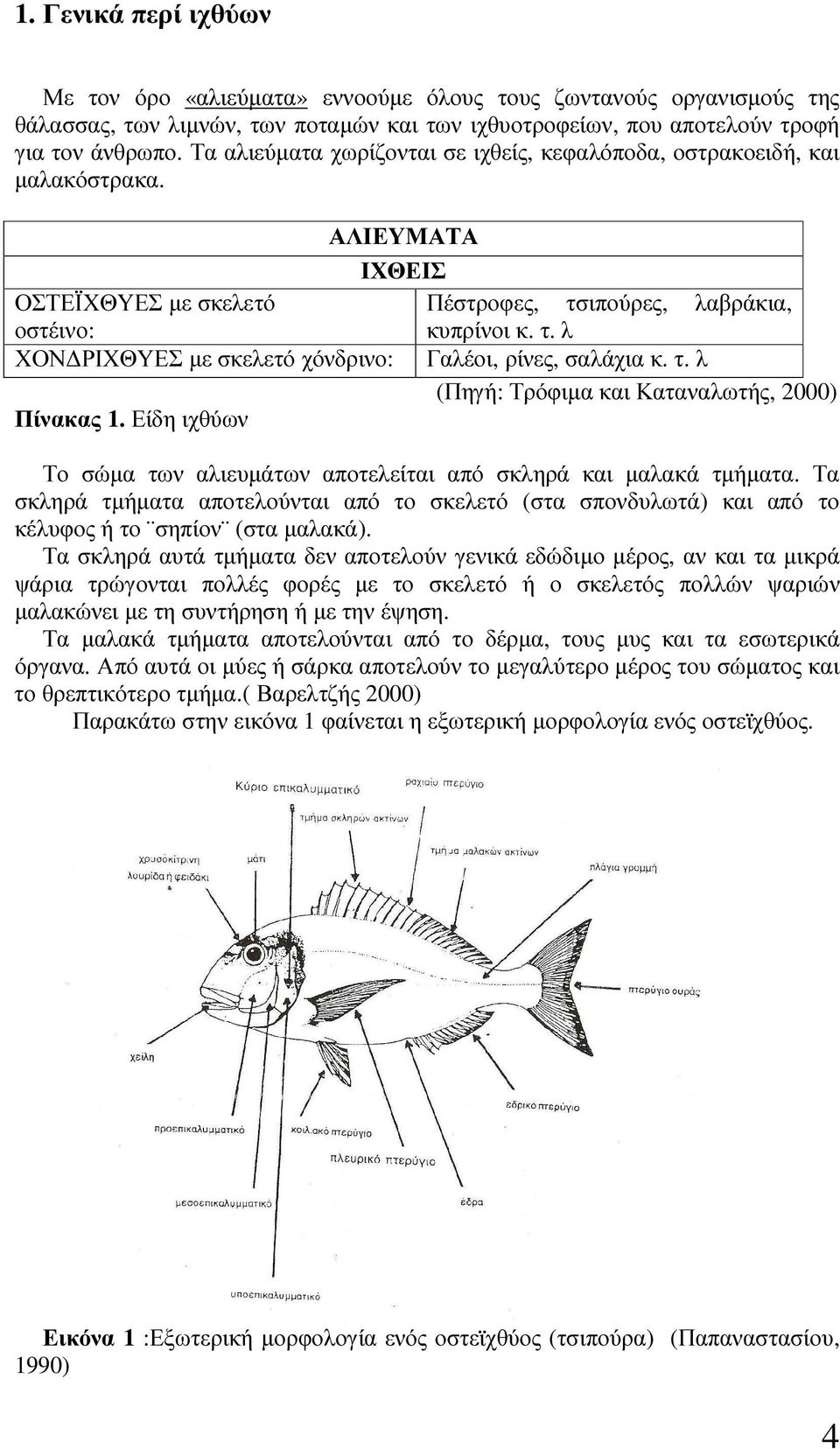 τ. λ (Πηγή: Τρόφιµα και Καταναλωτής, 2000) Πίνακας 1. Είδη ιχθύων Το σώµα των αλιευµάτων αποτελείται από σκληρά και µαλακά τµήµατα.
